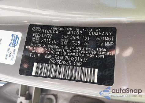 2022 Hyundai Elantra N Line z USA, uszkodzony, nr VIN KMHLR4AF7NU331697